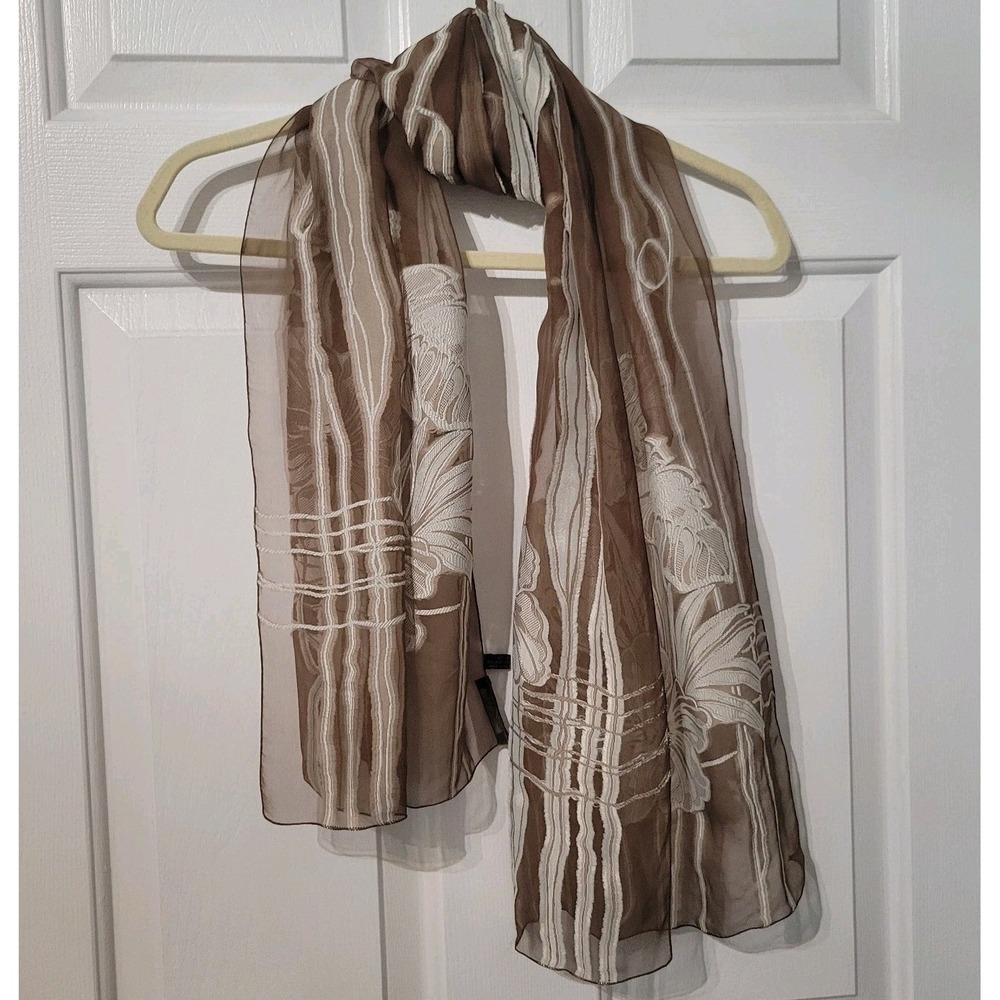 Franco Ferrari‎ Silk Scarf Made Italy 62x17 Brown Sheer Botanical Floral Wrap